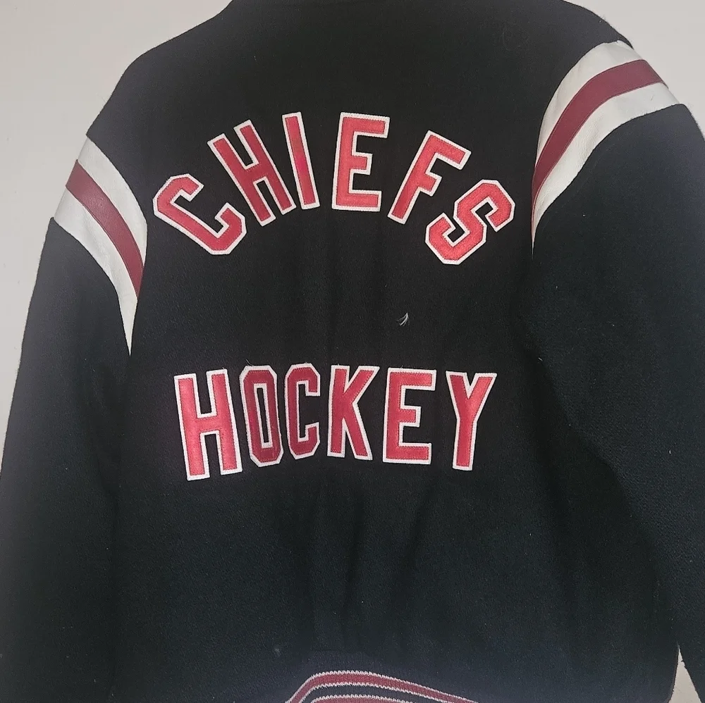 Vintage 80s 90s Rennoc Chiefs Hockey Varsity Jacket Wool & Leather Trim – Black